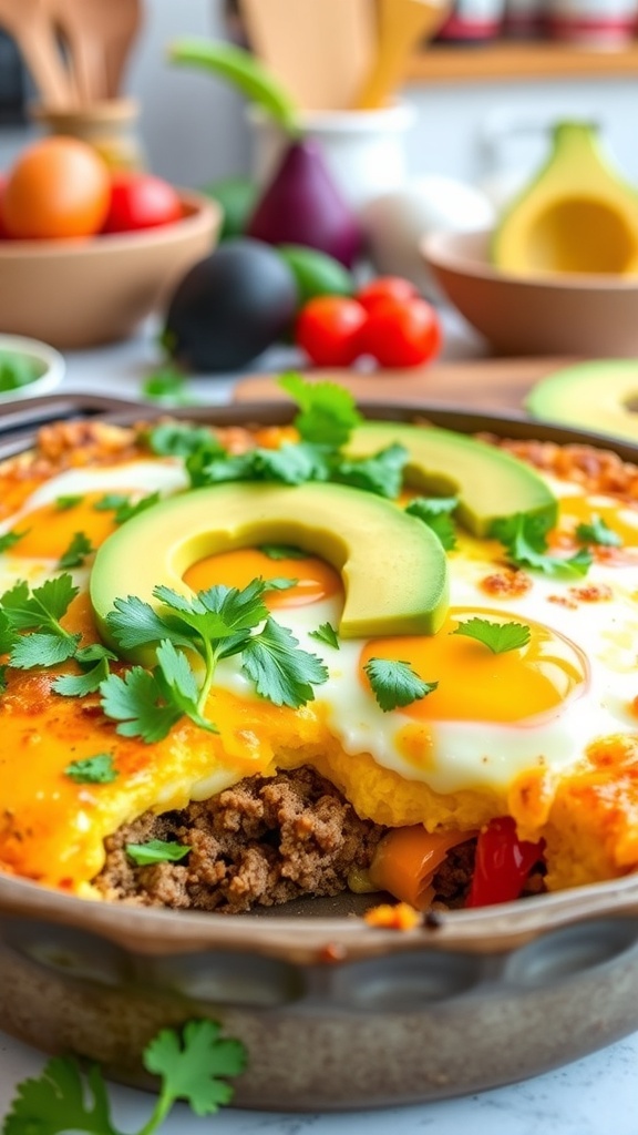 Whole30 taco breakfast casserole topped with cilantro and avocado, served in a rustic dish.